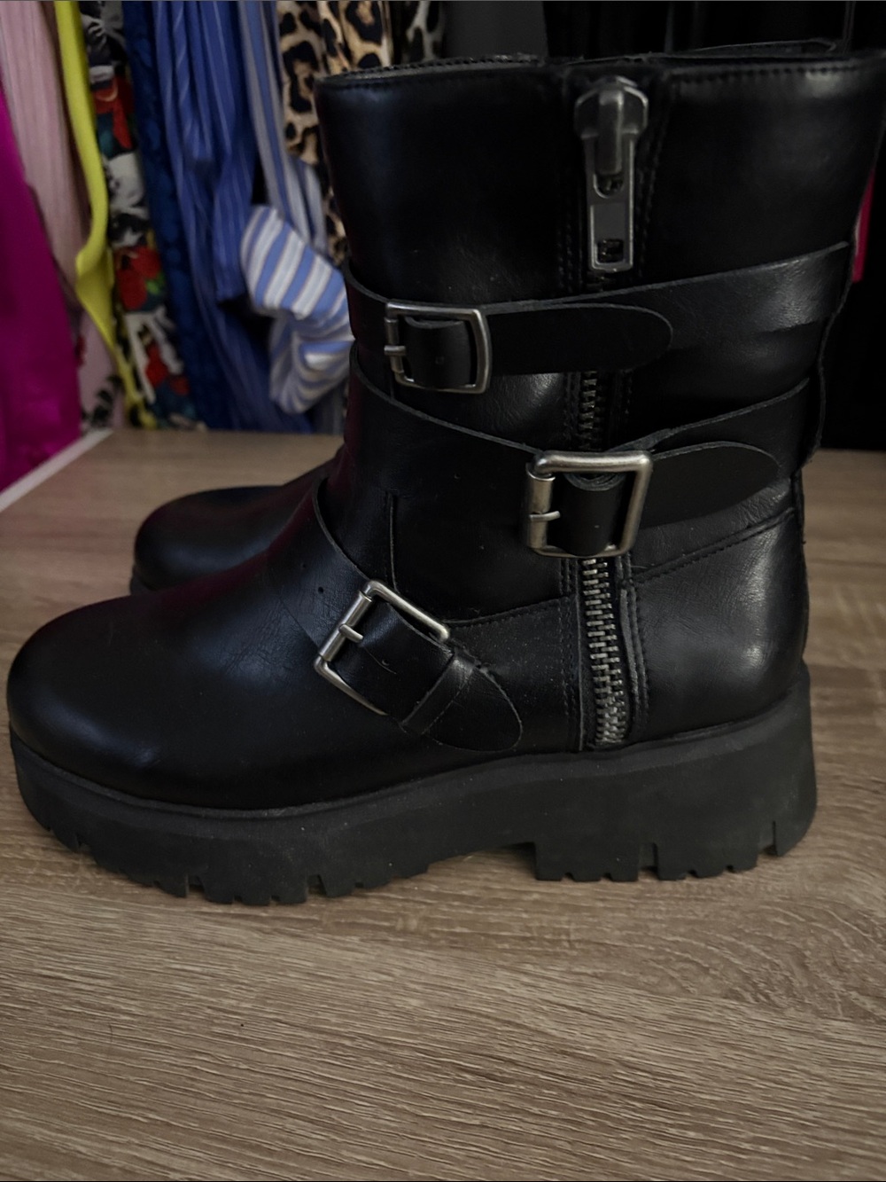 Madden Girl Black Moto Combat Boots with Buckles